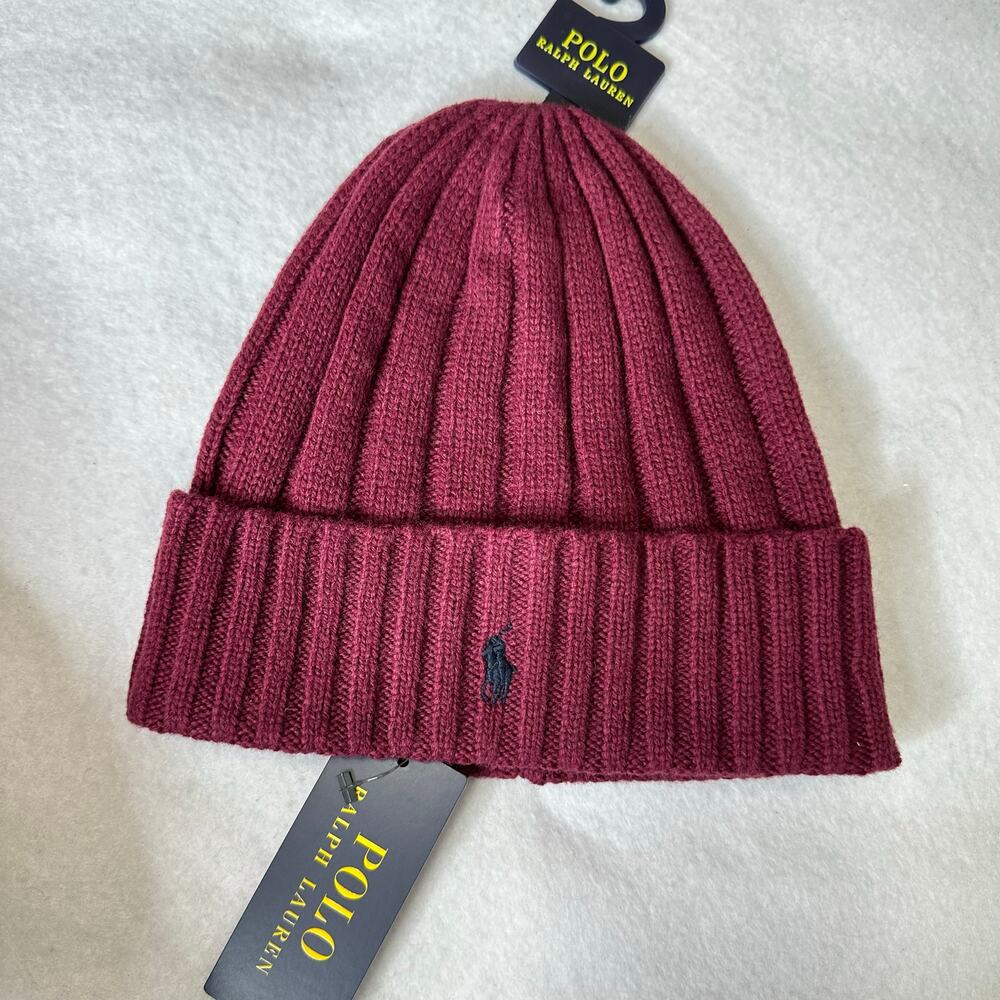 Polo Ralph Lauren Signature Wool Blend Cuffed Beanie Hat Burgundy Red Maroon NEW